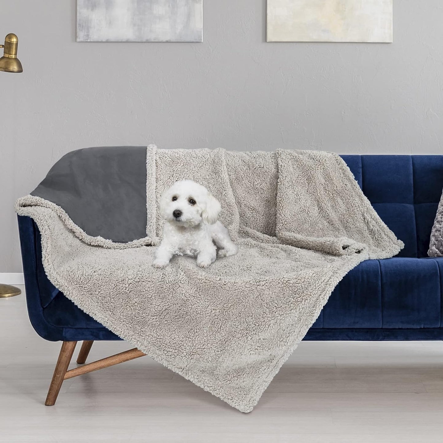 Waterproof Dog Blanket Washable, Sherpa Fleece Pet Blanket for Puppies Cats Dogs, Reversible Waterproof Protector Cover for Dog Sofa Bed, 229×203 Cm, Gray/Tuape