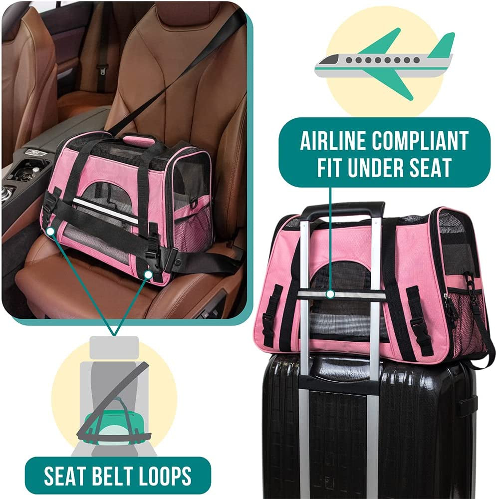 Airline Approved Pet Carrier for Cat, Soft Sided Dog Carrier for Small Dogs, Cat Travel Supplies Accessories for Indoor Cats, Ventilated Pet Carrying Bag Medium Large Kitten Puppy, Large Pink | Soft Sided TSA Travel Bag, Sherpa Bed, Breathable Mesh Ventilation, Collapsible Bowl, Fits under Seat, up to 18 Lbs