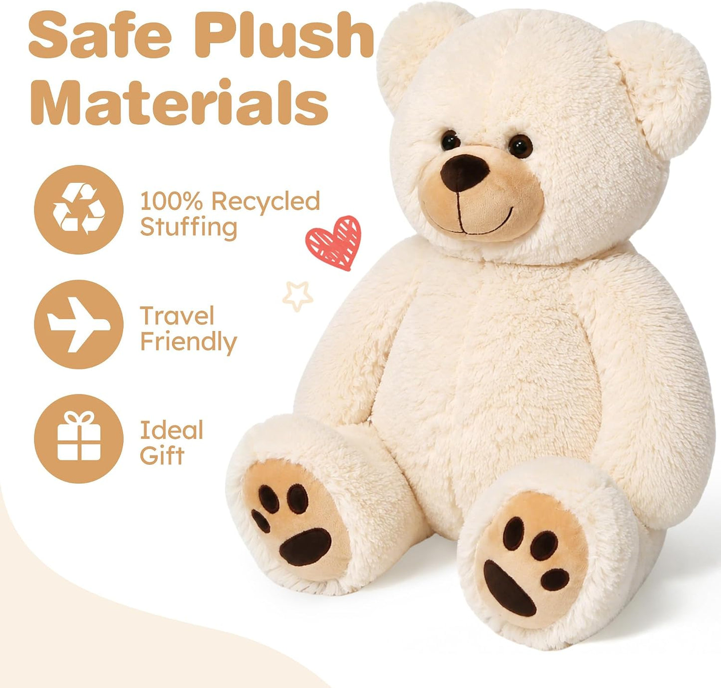 Teddy Bear Stuffed Animals, 20 Inch Soft Plush Toy, Beige | Cute Footprint Plushie for Easter and Birthday Gifts, Soft Huggable Toy for Toddlers Cuddling, Snuggling & Bedtime.