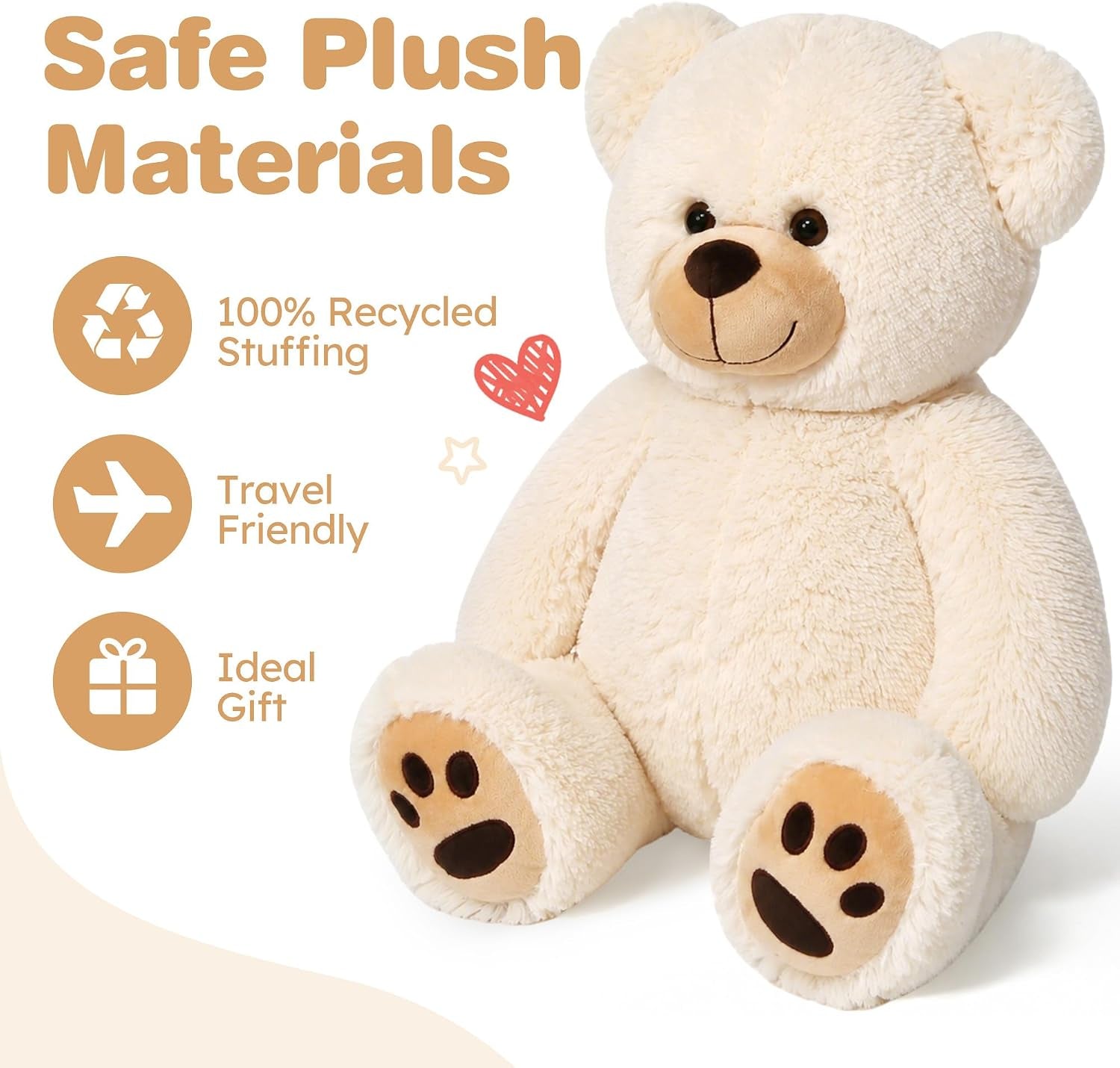 Teddy Bear Stuffed Animals, 20 Inch Soft Plush Toy, Beige | Cute Footprint Plushie for Easter and Birthday Gifts, Soft Huggable Toy for Toddlers Cuddling, Snuggling & Bedtime.