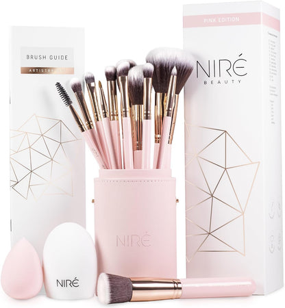 Beauty Makeup Brush Set with Case, Vegan, 15Pc, Pink Rose Gold | Kabuki, Blusher, Foundation, Powder, Contour, Eyeshadow, Brow Heads, Blending Sponge, Brush Cleaner, Gift Box