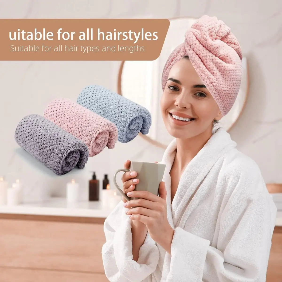 Solid Color Hair Towel Textured Dry Hair Cap 9.8' X 25.5' Absorbent Hair Towel Wrap for Button-Down Women