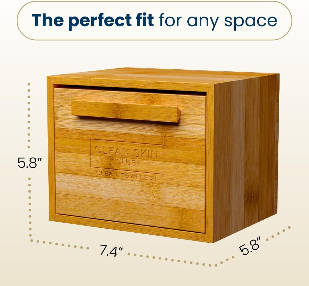 Luxe Bamboo Container with Pullout Drawer Includes Clean Towels® Original XL 50 Count, Disposable Face Towel Holder for Bathroom Counter