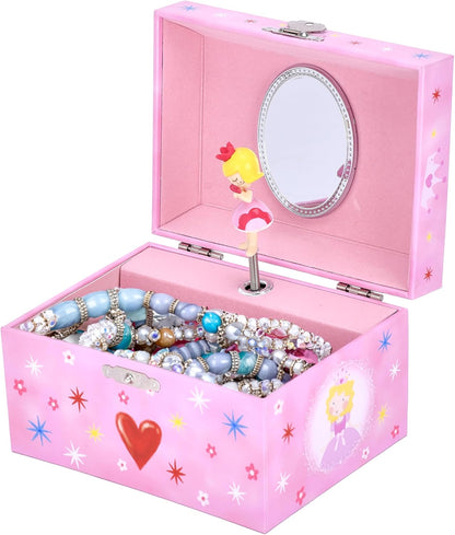 Musical Jewelry Box for Girls - Heart Princess - Ballerina Design with Classic Music - Storage Holder with Secure Drawer for Necklace, Rings, Earrings, Bracelets - 3.1"Hx5.5"Lx3.9"W, Pink
