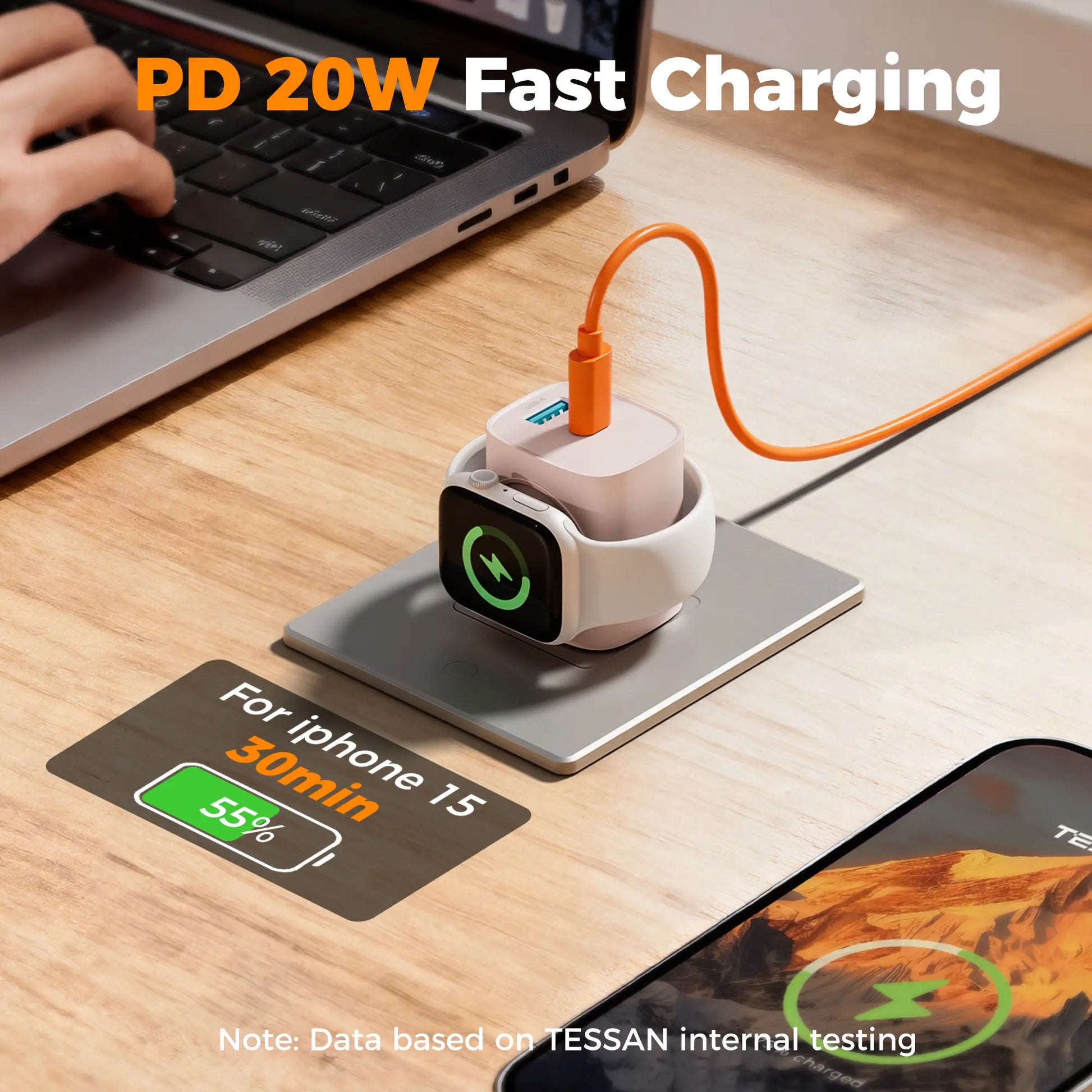 【Fast Charger】 Tessan 3-In-1 PD20W USB C Charger Block with Built-In Wireless Watch Charging, Dual Ports Wall Charger Compatible with Iwatch Ultra/9/8/7/6, Iphone 17/17 Pro/16/16 Pro/15 Series, Electronic Cellphone, Apple Watch Seires