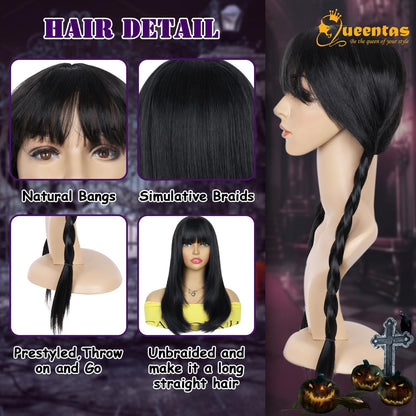 19Inch Long Braided Wigs for Women Black Long Straight Hair Costume Wigs for Halloween Party Cosplay