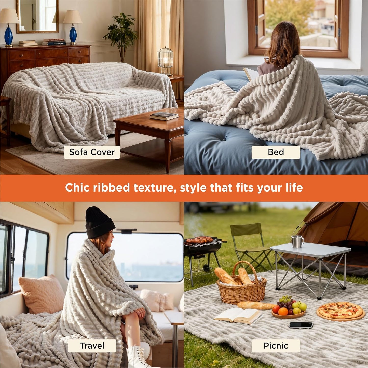 Fleece Throw Blanket for Bed - Fluffy Throw, Beige, 220X240 Cm | Striped Soft Cute and Cosy, Lightweight Warmth, Perfect for Room Decor, Travel, Camping, Gifts for Women and Girls