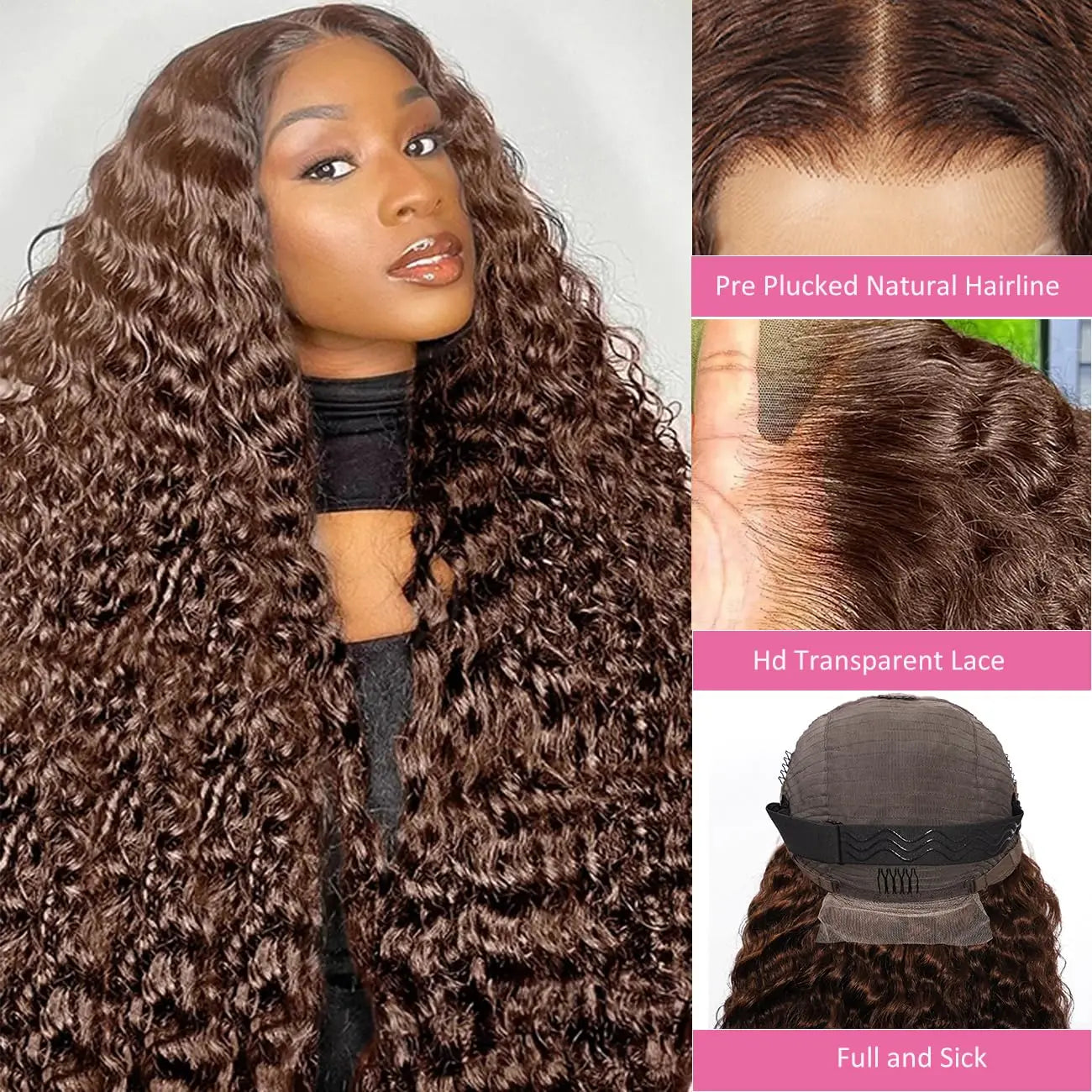 Chocolate Brown 13X6 Lace Front Wigs Human Hair Deep Wave Wig, 180 Density HD Transparent Lace Frontal Deep Wave Wigs for Women, Pre Plucked with Baby Hair, Curly Wig Brown Color
