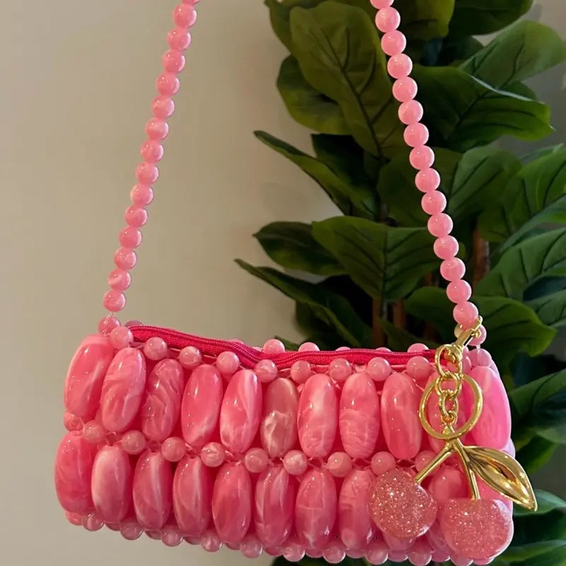 Bubblegum Handmade Beaded Bag for Outing Beaded Purse with Cherry Charm and Zipper Closure