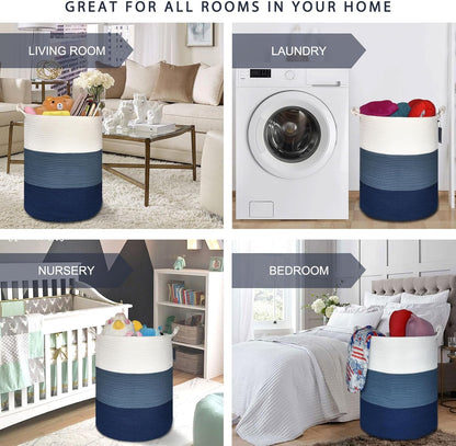 Tall Woven Blanket Basket, Laundry Hamper 72L, White & Blue | Cotton Rope, 40 X 55 Cm, Large Nursery Hamper for Storage of Toys Clothes Towels, Great for Living Rooms Bedrooms Bathrooms