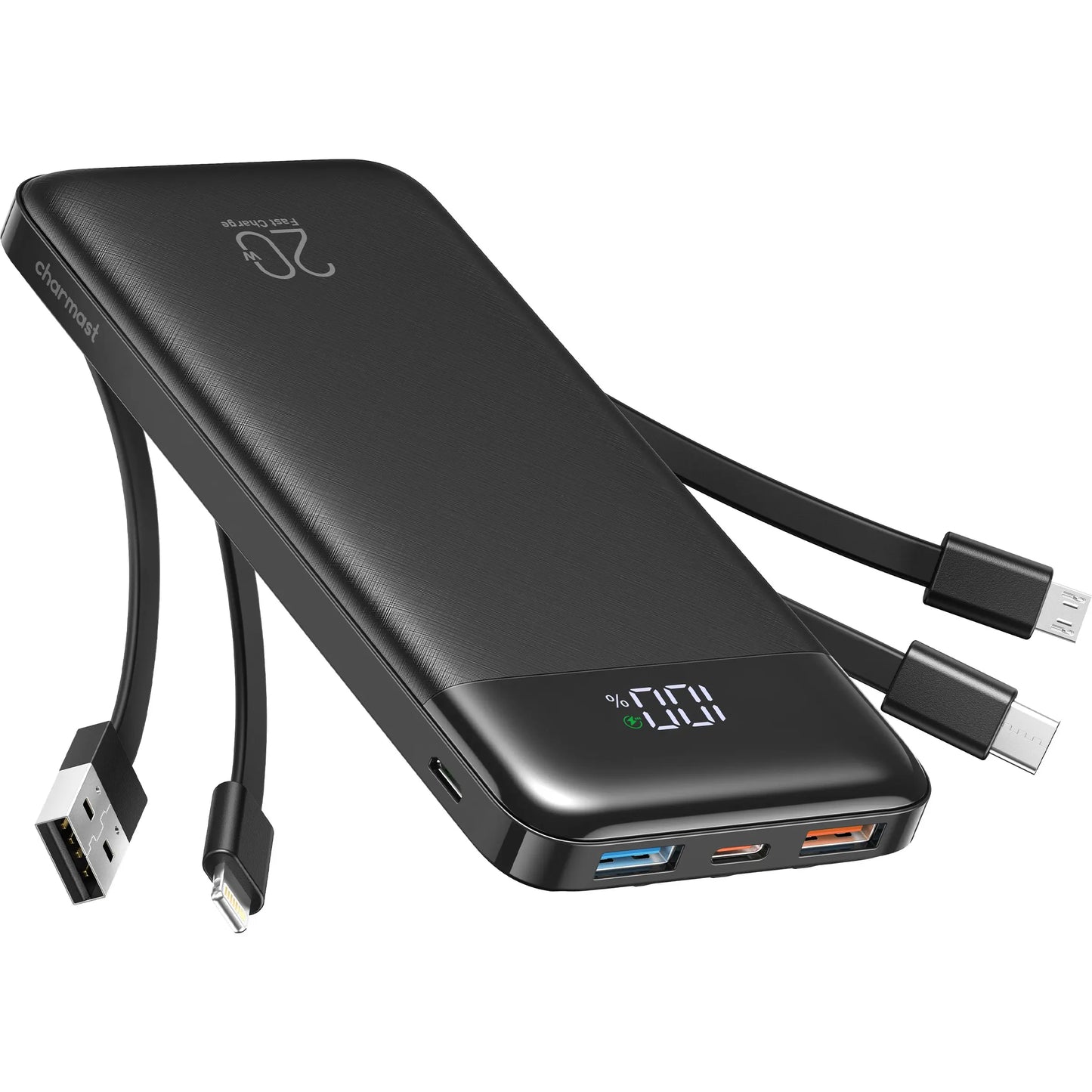 Charmast 20,000Mah Ultra-Slim Power Bank & Portable Charger – 20W Fast Charging with Built-In Cables for Smartphones, Tablets & USB-C Devices – Travel-Friendly Rechargeable Battery Pack, Black Compact Digital Gadget，Travel Essentials #Tiktokshopsummersale