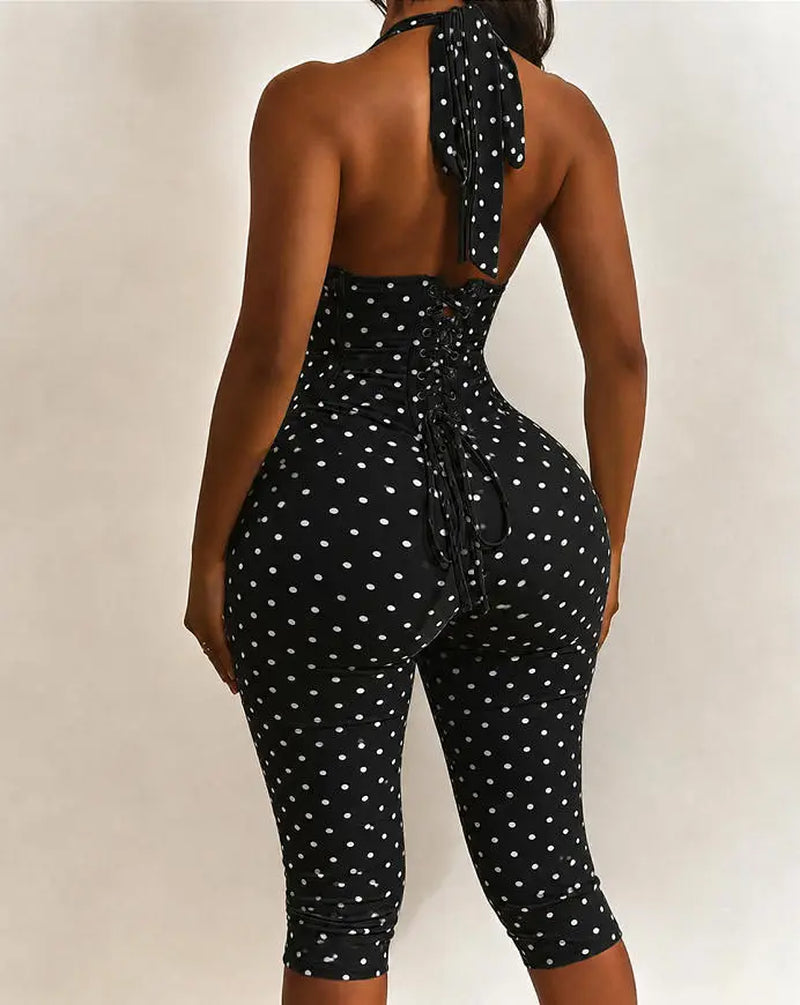 Women’S Seamless Polka Dot Shapewear Halter Bodysuit 2-Piece Set, Tummy Control & Butt Lift Waist Trainer