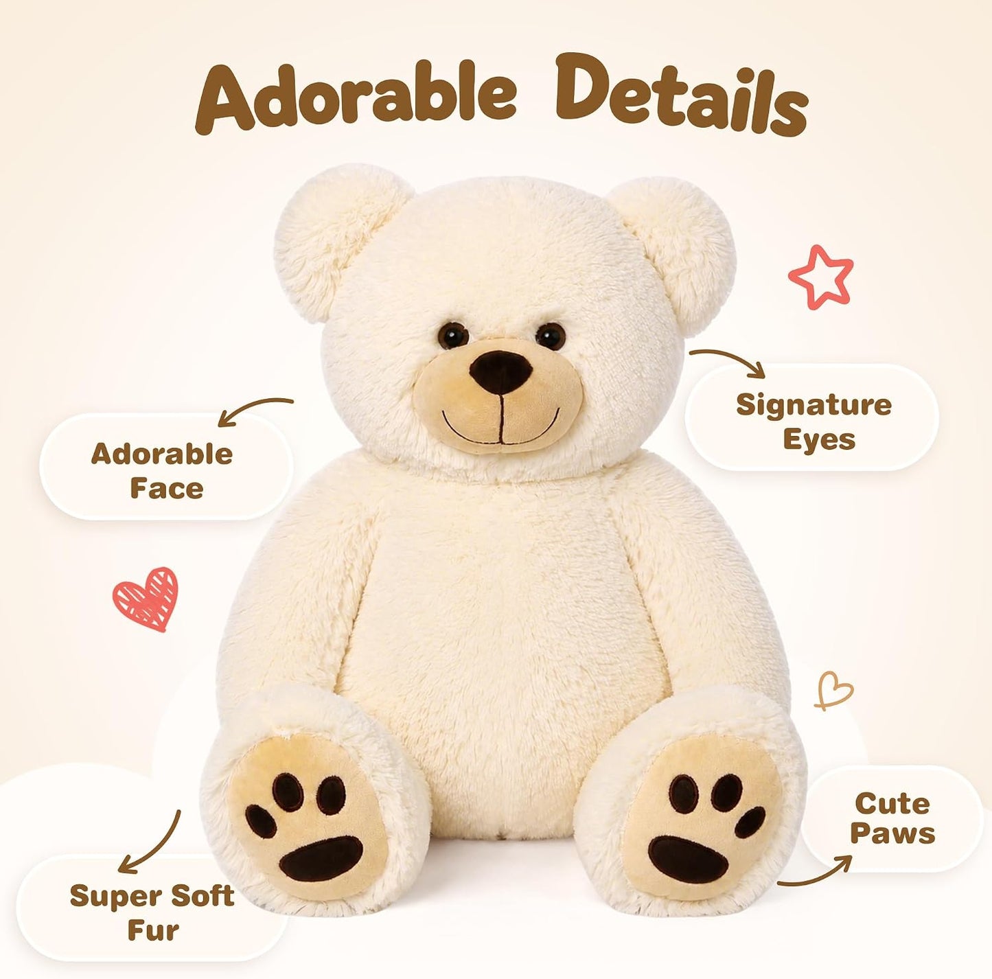 Teddy Bear Stuffed Animals, 20 Inch Soft Plush Toy, Beige | Cute Footprint Plushie for Easter and Birthday Gifts, Soft Huggable Toy for Toddlers Cuddling, Snuggling & Bedtime.