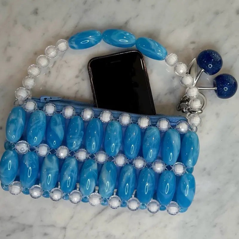 Bubblegum Handmade Beaded Bag for Outing Beaded Purse with Cherry Charm and Zipper Closure