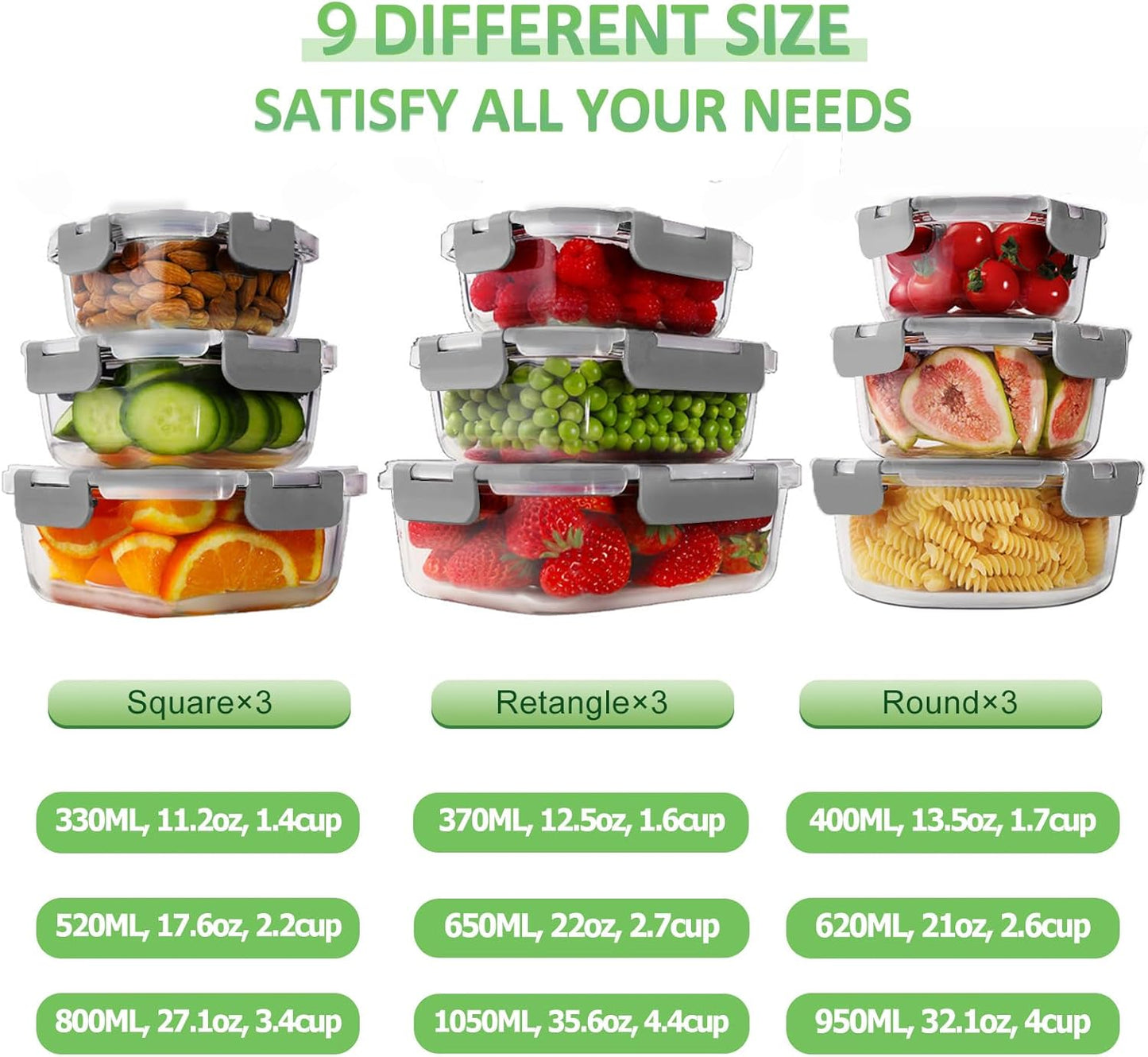 Glass Food Storage Containers with Lids, [18 Piece] Glass Meal Prep Containers, Airtight Lunch Bento Boxes, Bpa-Free & Leak Proof (9 Lids & 9 Containers) - Grey