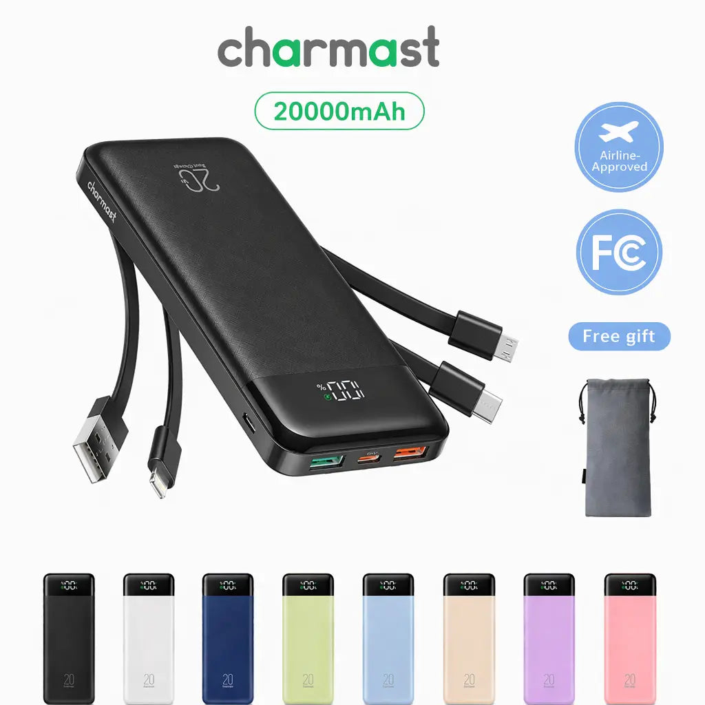Charmast 20,000Mah Ultra-Slim Power Bank & Portable Charger – 20W Fast Charging with Built-In Cables for Smartphones, Tablets & USB-C Devices – Travel-Friendly Rechargeable Battery Pack, Black Compact Digital Gadget，Travel Essentials #Tiktokshopsummersale