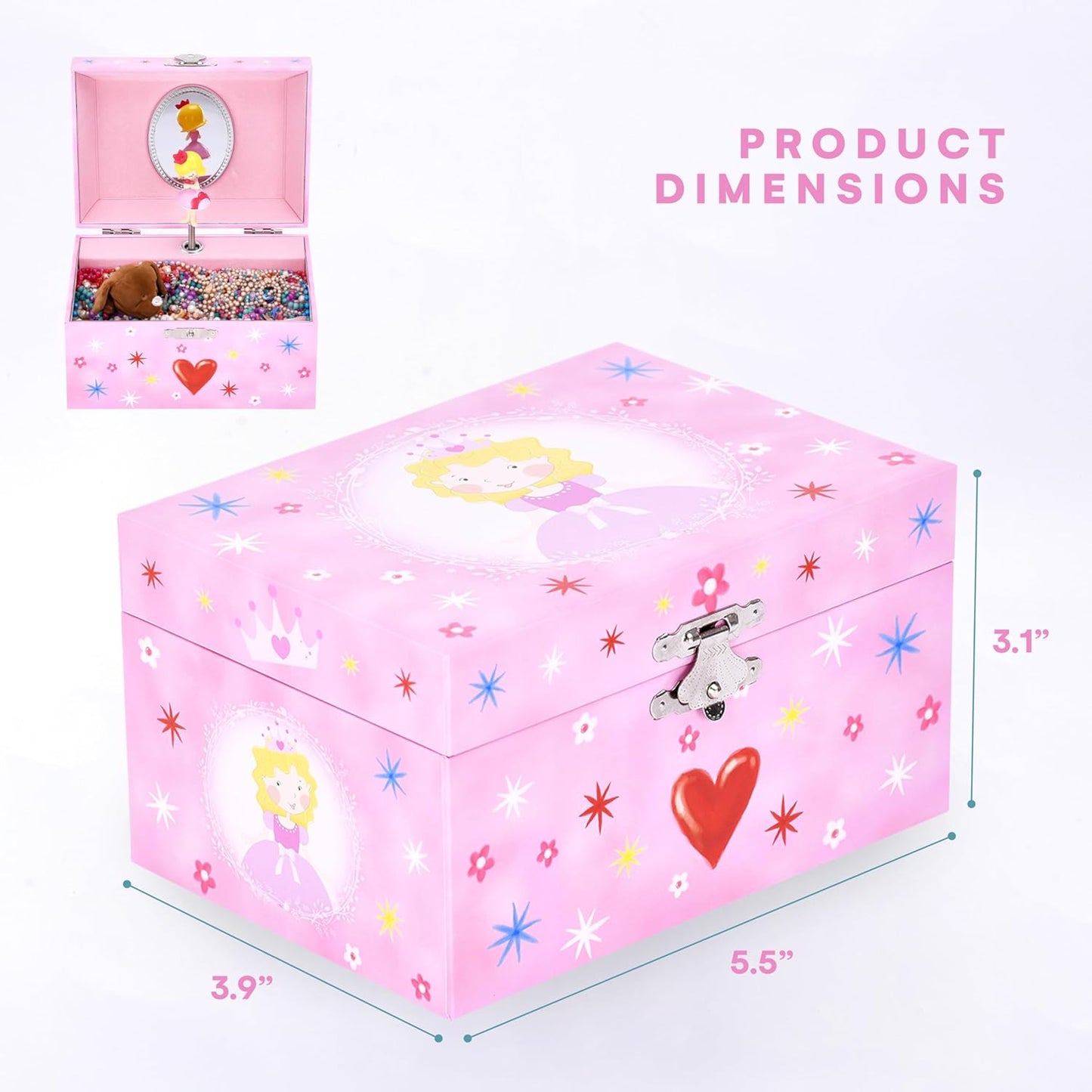 Musical Jewelry Box for Girls - Heart Princess - Ballerina Design with Classic Music - Storage Holder with Secure Drawer for Necklace, Rings, Earrings, Bracelets - 3.1"Hx5.5"Lx3.9"W, Pink