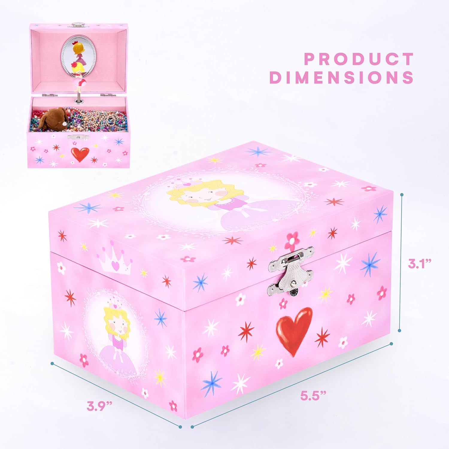 Musical Jewelry Box for Girls - Heart Princess - Ballerina Design with Classic Music - Storage Holder with Secure Drawer for Necklace, Rings, Earrings, Bracelets - 3.1"Hx5.5"Lx3.9"W, Pink