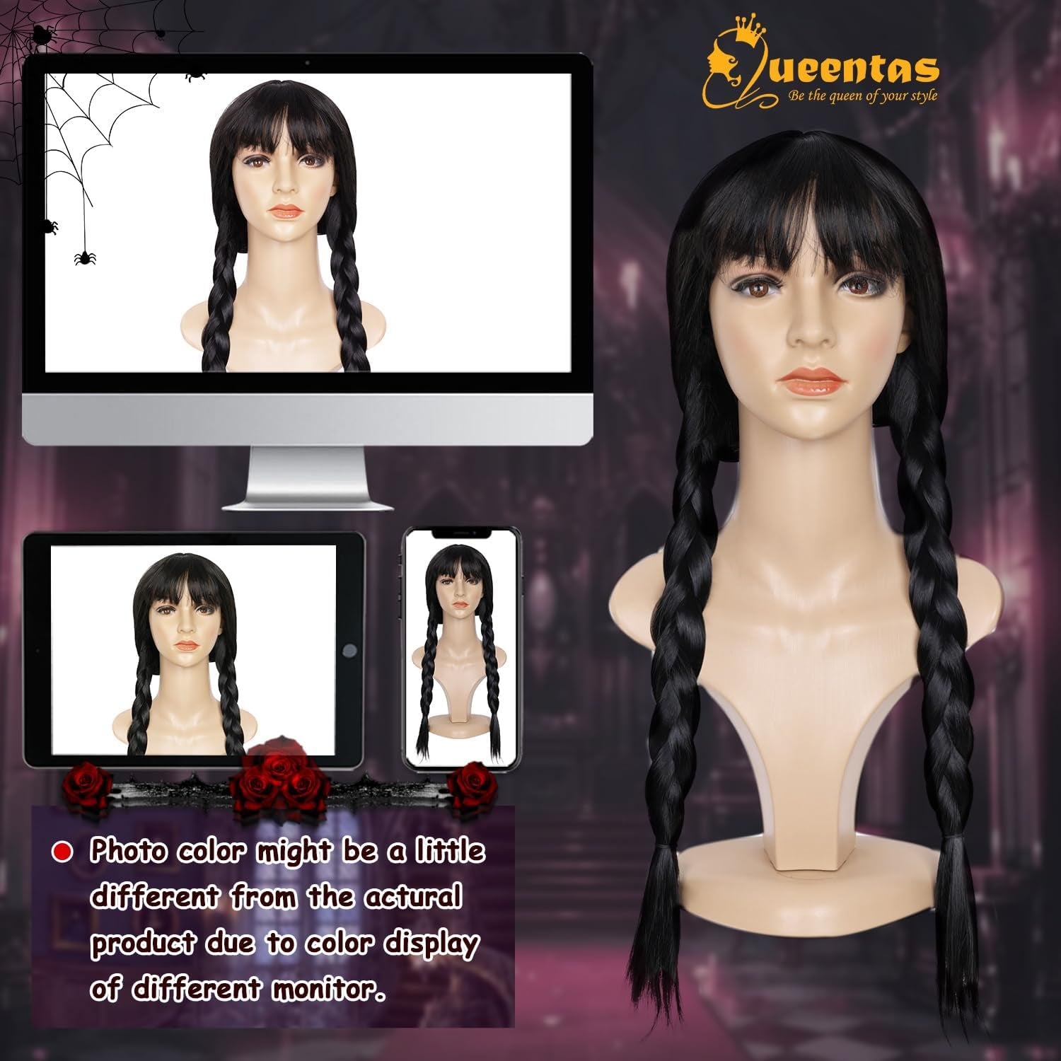 19Inch Long Braided Wigs for Women Black Long Straight Hair Costume Wigs for Halloween Party Cosplay