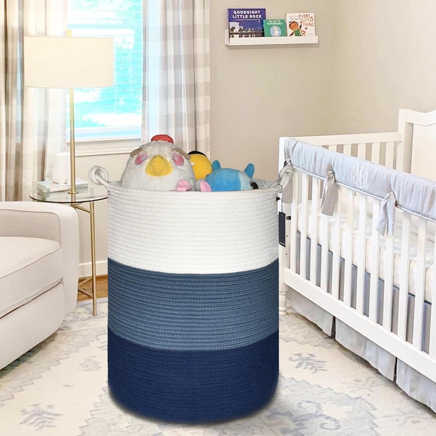 Tall Woven Blanket Basket, Laundry Hamper 72L, White & Blue | Cotton Rope, 40 X 55 Cm, Large Nursery Hamper for Storage of Toys Clothes Towels, Great for Living Rooms Bedrooms Bathrooms