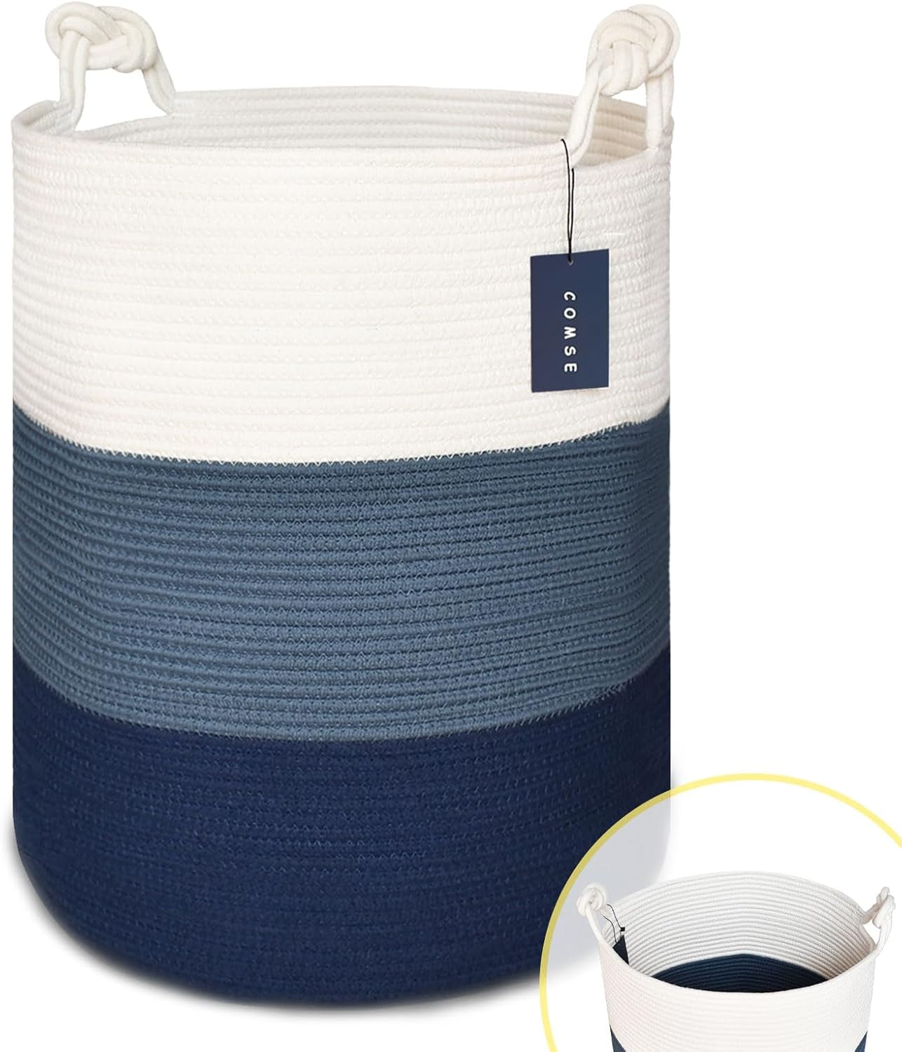 Tall Woven Blanket Basket, Laundry Hamper 72L, White & Blue | Cotton Rope, 40 X 55 Cm, Large Nursery Hamper for Storage of Toys Clothes Towels, Great for Living Rooms Bedrooms Bathrooms