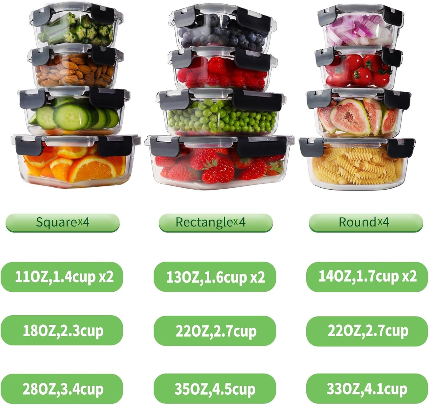 24Pc Borosilicate Glass Food Storage Containers with Lids, Glass Meal Prep Containers with Leak Proof Snap Lock, Airtight Bento Lunch Boxes, Kitchen Storage (12 Lids & 12 Containers)-Black