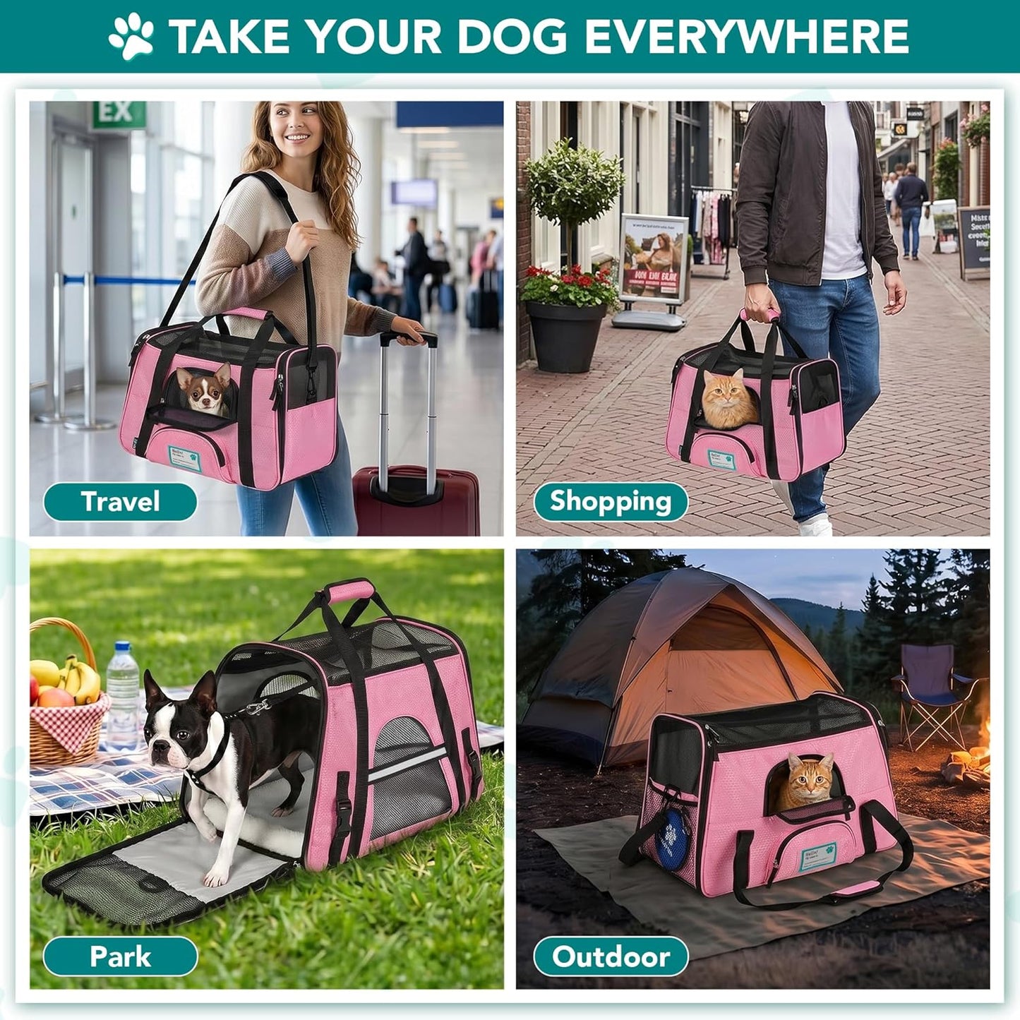 Airline Approved Pet Carrier for Cat, Soft Sided Dog Carrier for Small Dogs, Cat Travel Supplies Accessories for Indoor Cats, Ventilated Pet Carrying Bag Medium Large Kitten Puppy, Large Pink | Soft Sided TSA Travel Bag, Sherpa Bed, Breathable Mesh Ventilation, Collapsible Bowl, Fits under Seat, up to 18 Lbs