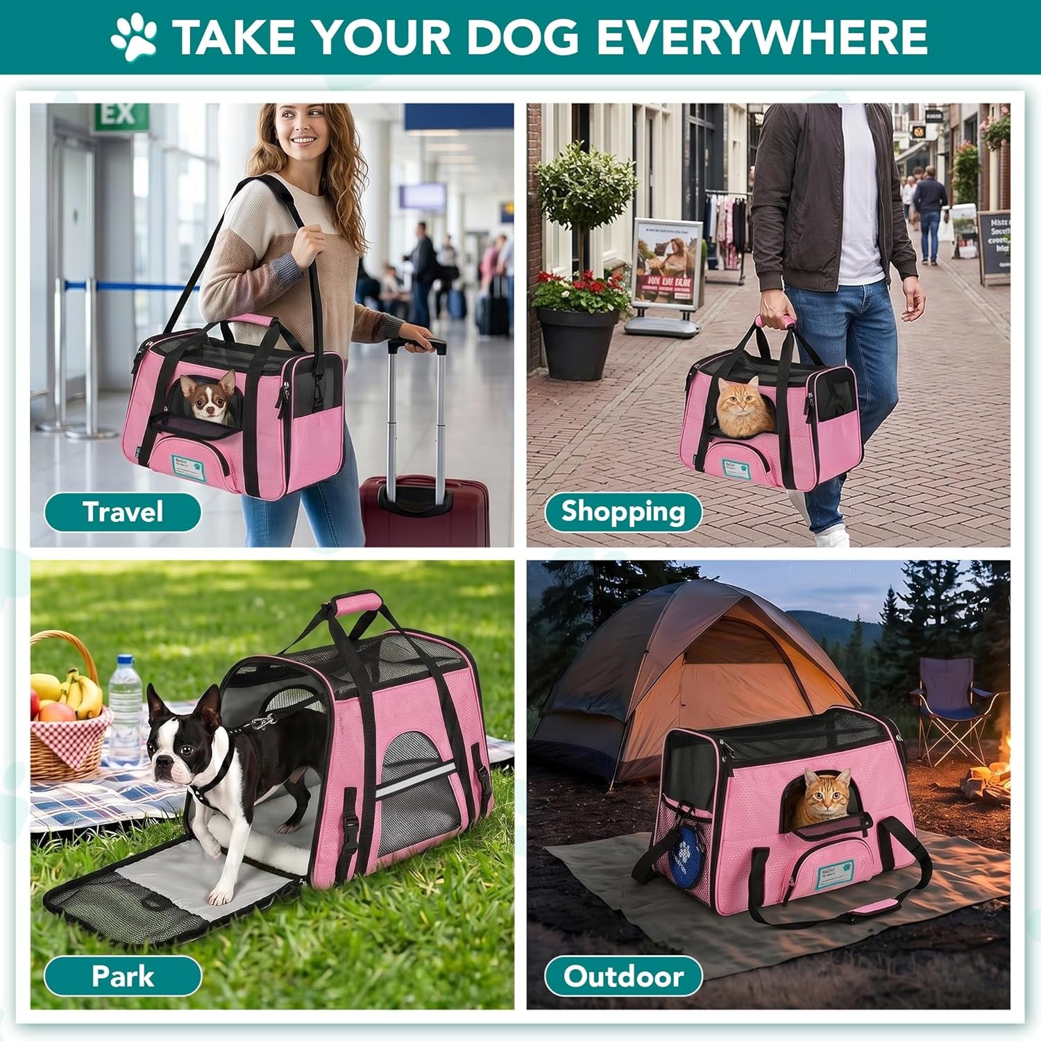 Airline Approved Pet Carrier for Cat, Soft Sided Dog Carrier for Small Dogs, Cat Travel Supplies Accessories for Indoor Cats, Ventilated Pet Carrying Bag Medium Large Kitten Puppy, Large Pink | Soft Sided TSA Travel Bag, Sherpa Bed, Breathable Mesh Ventilation, Collapsible Bowl, Fits under Seat, up to 18 Lbs