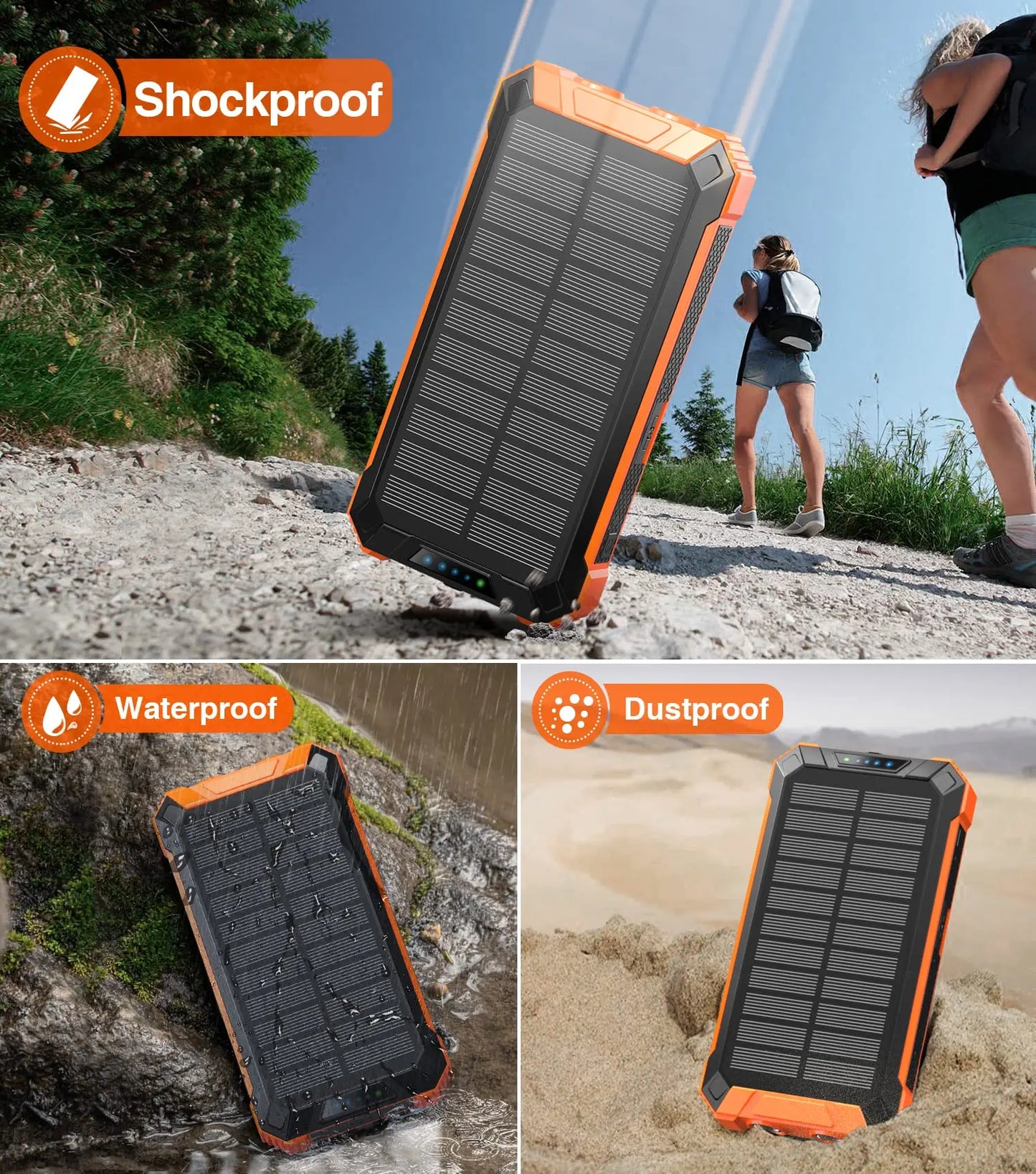 GNC W22 Solar Battery Power Bank - 15W Fast Charger Portable Charger, 4 Built-In Cables, 6 Outputs, 3 Inputs, Dual Built-In Flashlight, Carabiner, Universal Device Compatibility, Clip-On Design, Portable Chargers