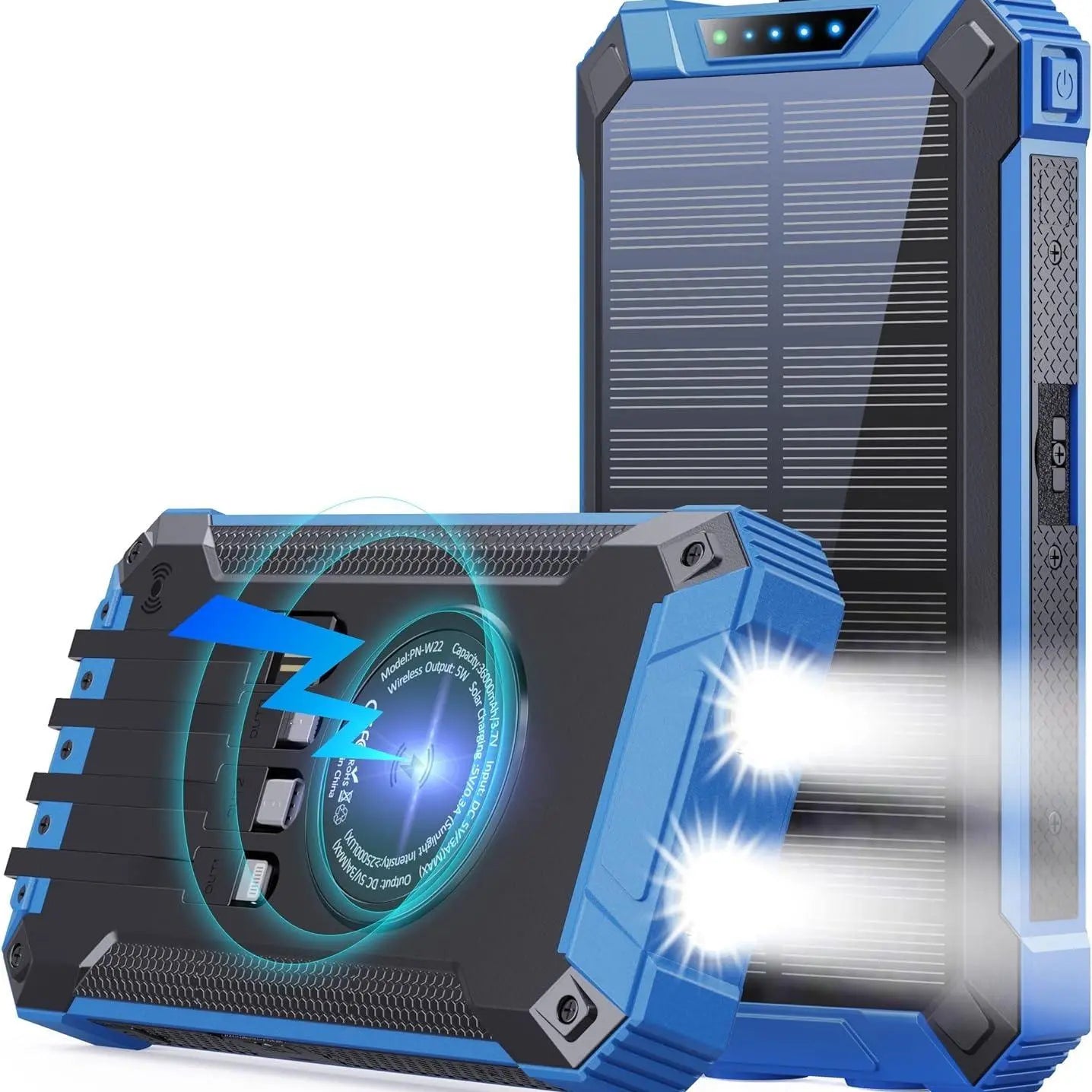 GNC W22 Solar Battery Power Bank - 15W Fast Charger Portable Charger, 4 Built-In Cables, 6 Outputs, 3 Inputs, Dual Built-In Flashlight, Carabiner, Universal Device Compatibility, Clip-On Design, Portable Chargers