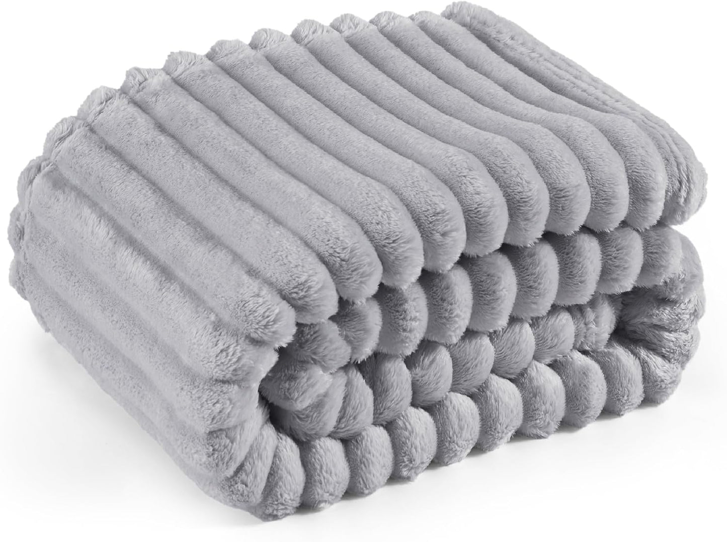Fleece Throw Blanket for Sofa - Fluffy, Light Grey, 130X170 Cm | Striped Soft Cute and Cosy, Lightweight Warmth, Perfect for Room Decor, Travel, Camping, Gifts for Women and Girls