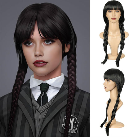 19Inch Long Braided Wigs for Women Black Long Straight Hair Costume Wigs for Halloween Party Cosplay