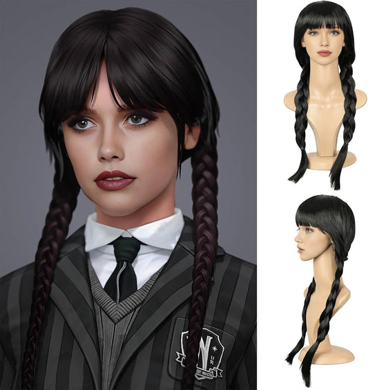 19Inch Long Braided Wigs for Women Black Long Straight Hair Costume Wigs for Halloween Party Cosplay