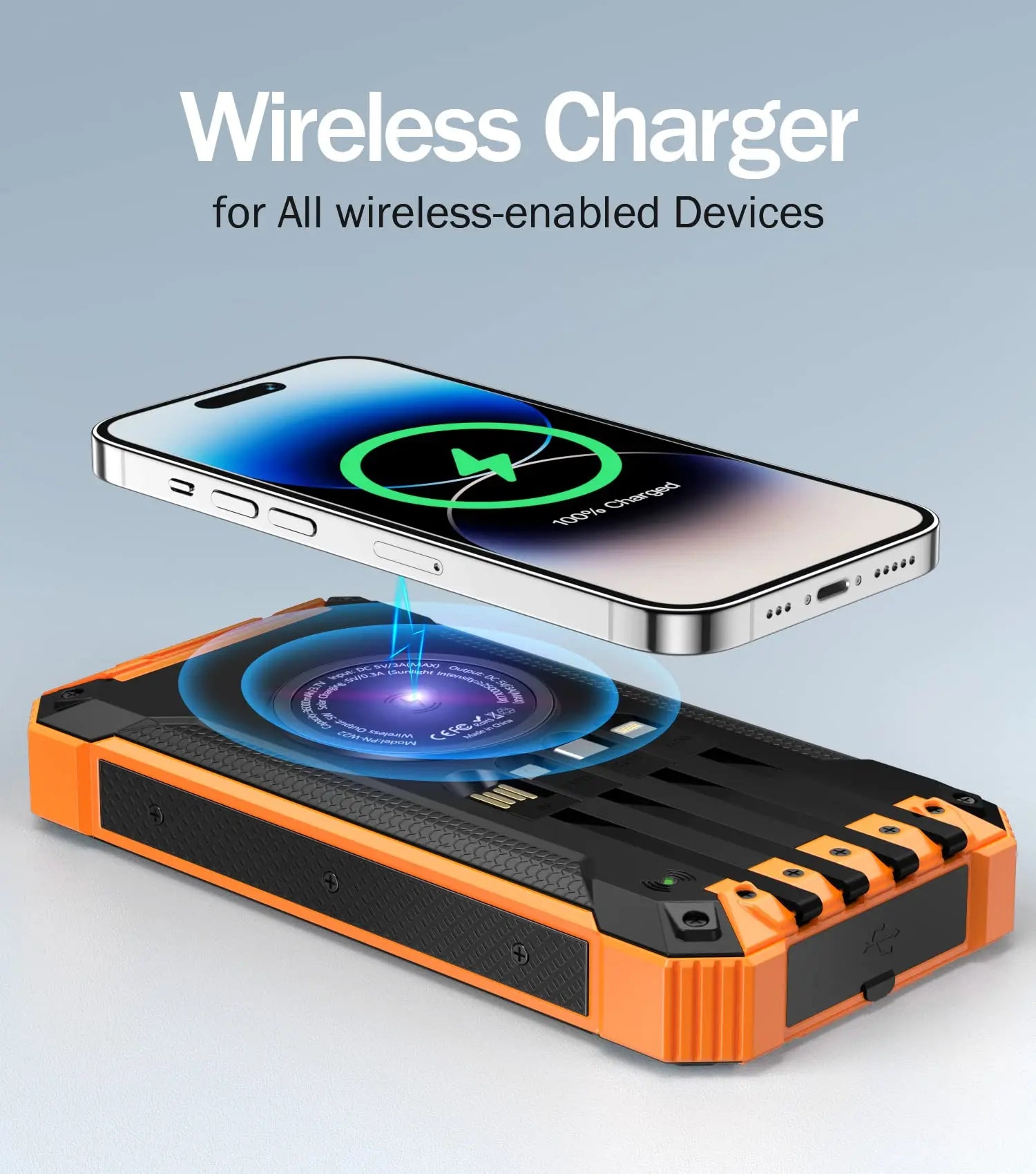 GNC W22 Solar Battery Power Bank - 15W Fast Charger Portable Charger, 4 Built-In Cables, 6 Outputs, 3 Inputs, Dual Built-In Flashlight, Carabiner, Universal Device Compatibility, Clip-On Design, Portable Chargers