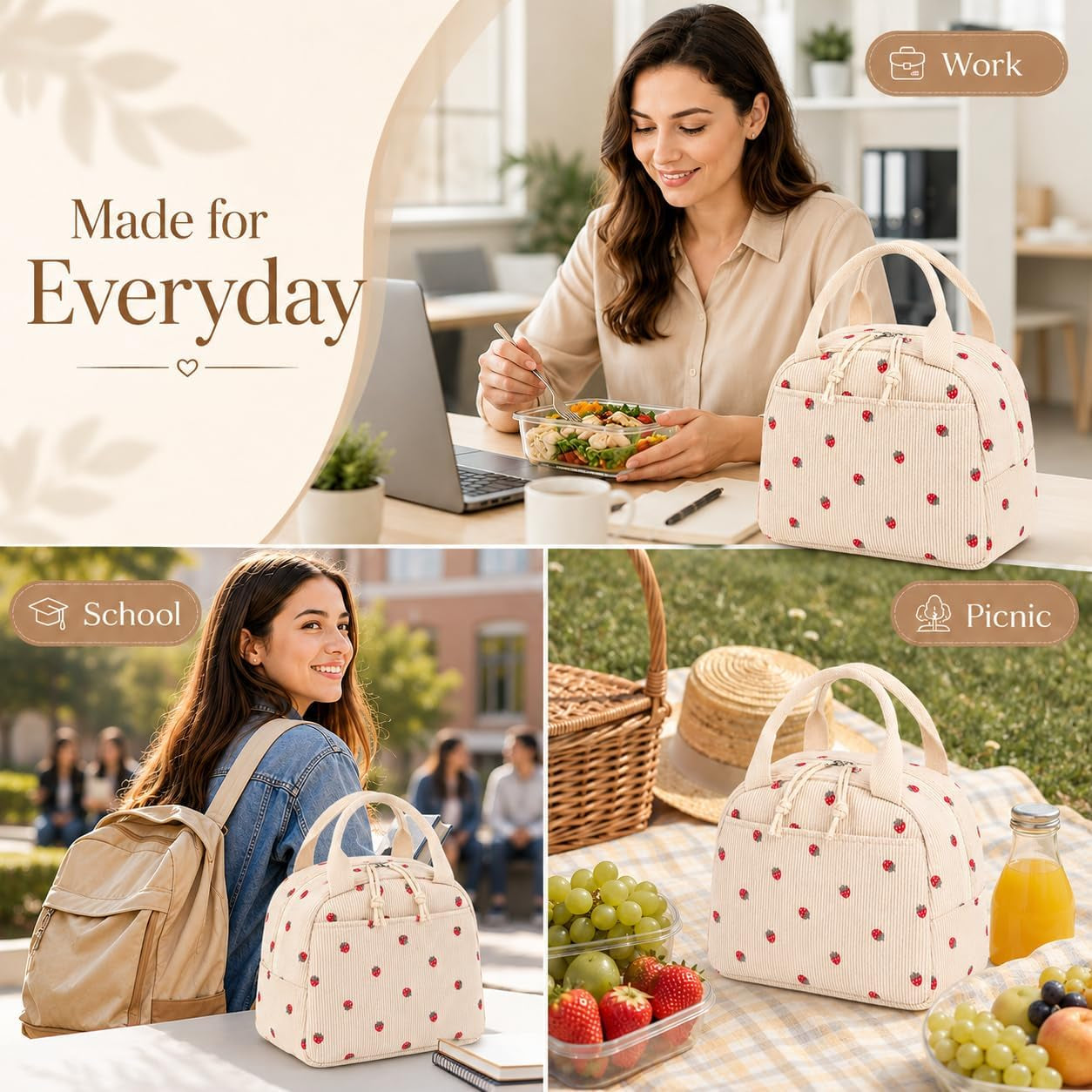 Lunch Bag for Women Men Cute Corduroy Lunch Tote Bags Reusable Insulated Lunch Box Large Capacity Reusable Insulated Cooler for School Work or Travel