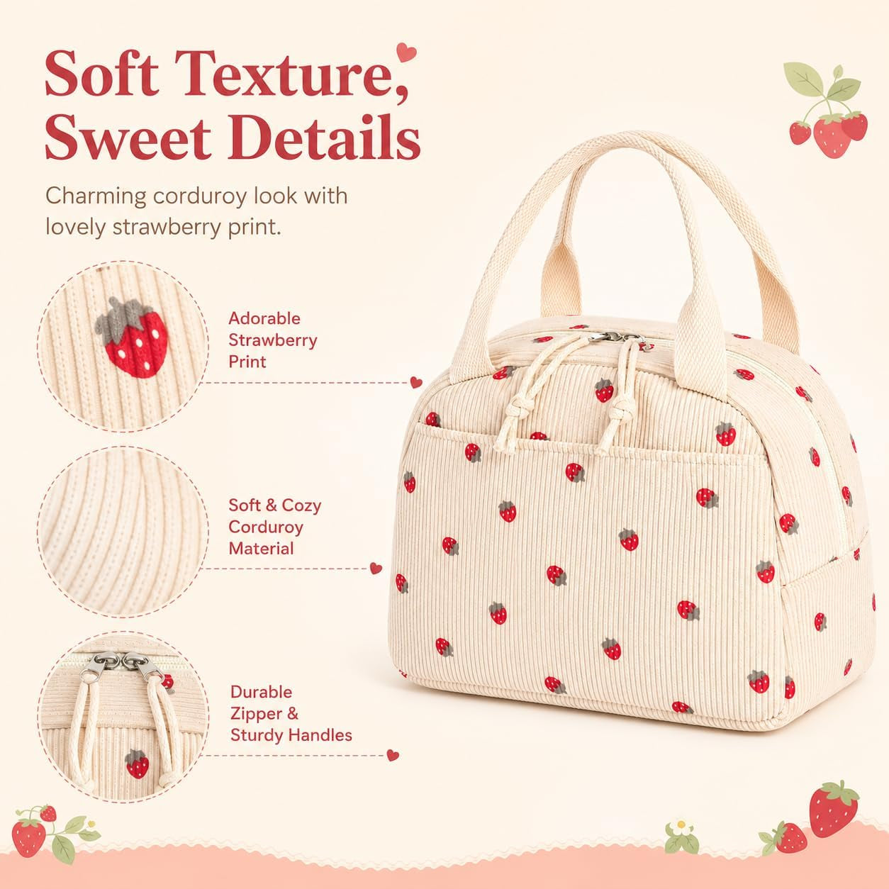 Lunch Bag for Women Men Cute Corduroy Lunch Tote Bags Reusable Insulated Lunch Box Large Capacity Reusable Insulated Cooler for School Work or Travel