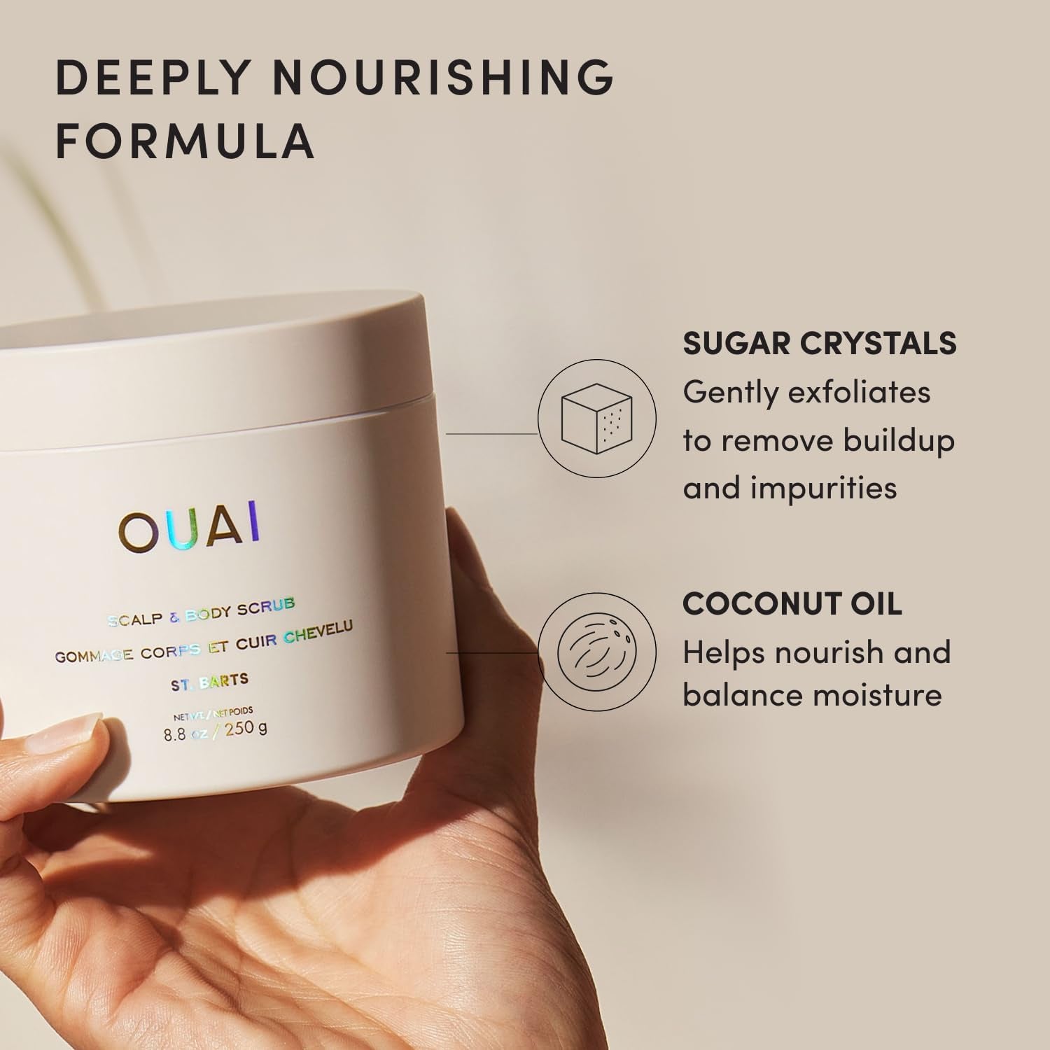 Scalp & Body Scrub, St. Barts - Foaming Coconut Oil Sugar Scrub & Gentle Scalp Exfoliator Cleanses, Removes Buildup & Moisturizes Skin - Paraben, Phthalate and Sulfate Free Body Care - 250G