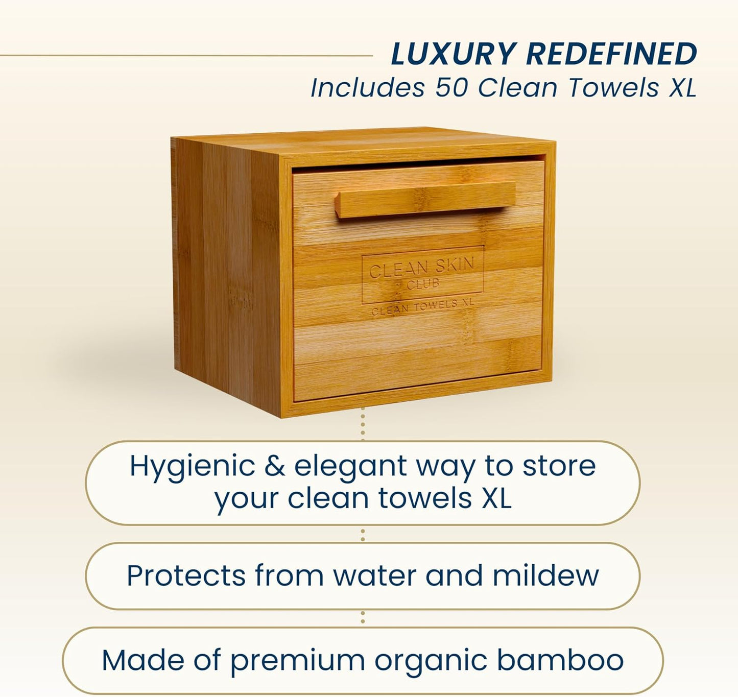 Luxe Bamboo Container with Pullout Drawer Includes Clean Towels® Original XL 50 Count, Disposable Face Towel Holder for Bathroom Counter