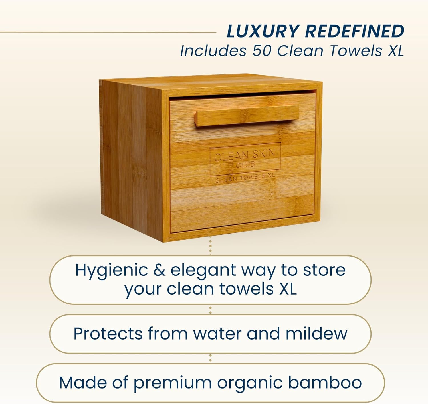 Luxe Bamboo Container with Pullout Drawer Includes Clean Towels® Original XL 50 Count, Disposable Face Towel Holder for Bathroom Counter