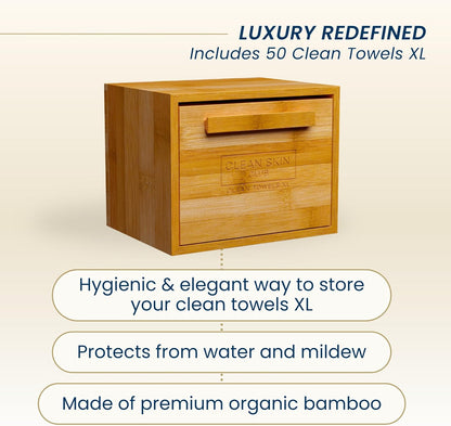 Luxe Bamboo Container with Pullout Drawer Includes Clean Towels® Original XL 50 Count, Disposable Face Towel Holder for Bathroom Counter
