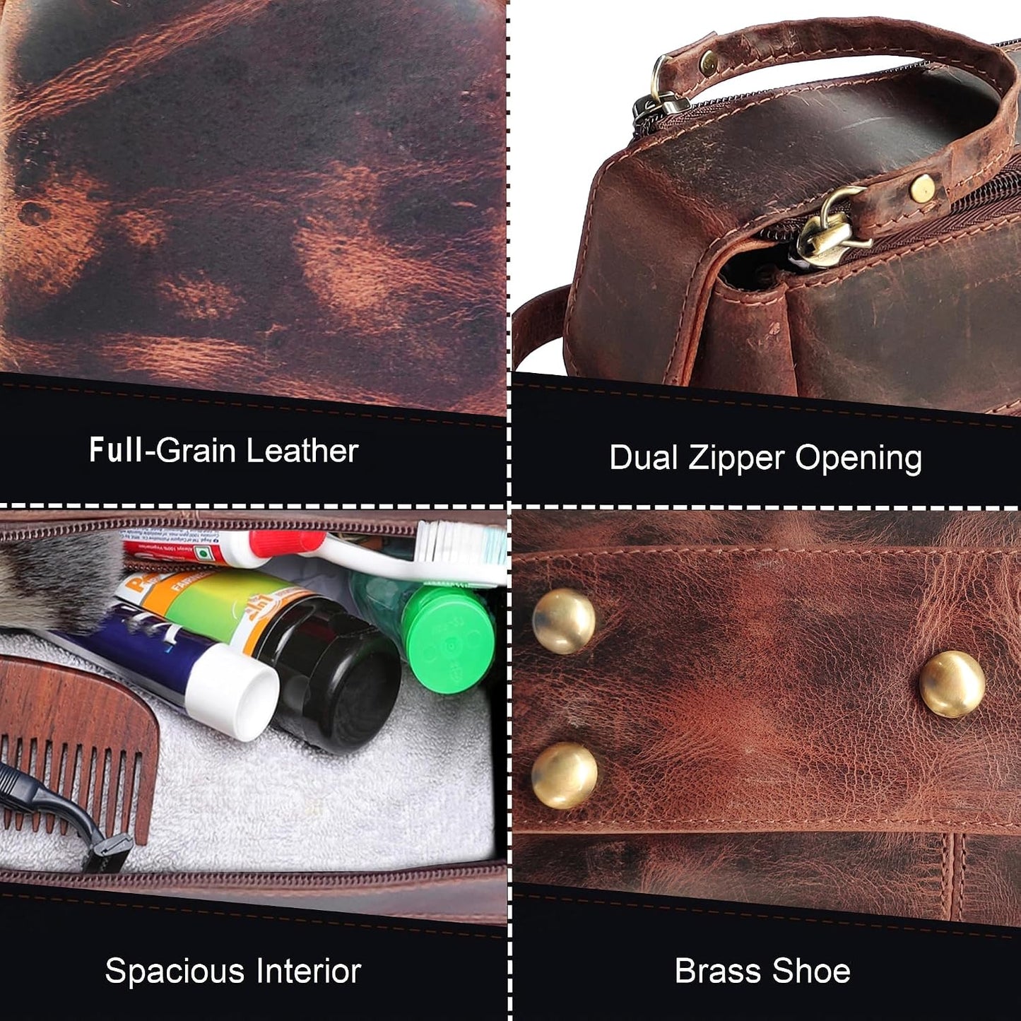 Leather Wash Bag for Men - Travel Toiletry Bag - Shaving Dopp Kit Toiletries Organizer - Leather Makeup Bag for Women | Main Compartment, Interior & Exterior Zip Pockets, YKK Zippers, Waterproof Lining; TSA Carry-On; Gifts for Him, Brown