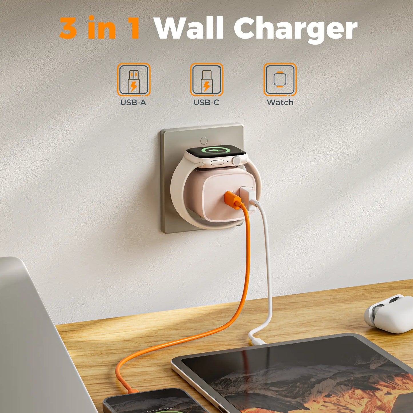 【Fast Charger】 Tessan 3-In-1 PD20W USB C Charger Block with Built-In Wireless Watch Charging, Dual Ports Wall Charger Compatible with Iwatch Ultra/9/8/7/6, Iphone 17/17 Pro/16/16 Pro/15 Series, Electronic Cellphone, Apple Watch Seires
