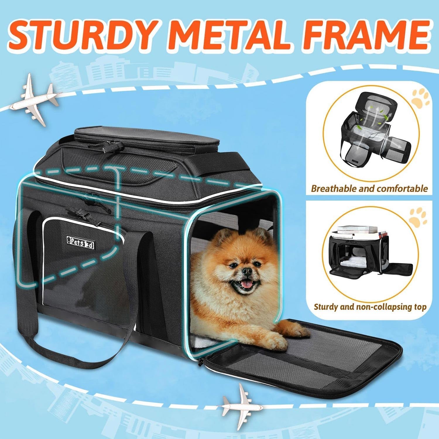 Top-Expandable Pet Carrier 18X11X11 Inches Delta American United Airline Approved, Soft-Sided Carrier for Small Cats and Dogs with Locking Safety Zippers and Anti-Scratch Mesh(Black)