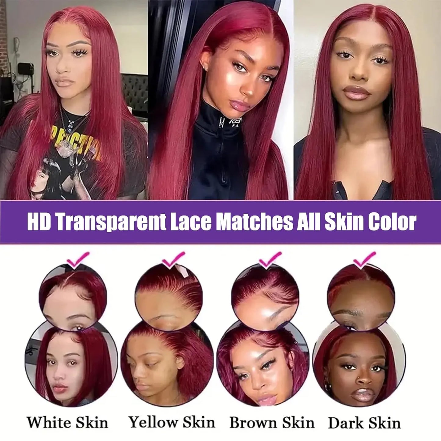 Tuneful 99J Burgundy Straight Lace Front Wigs Human Hair 99J Colored 13X6 HD Transparent Lace Frontal Wigs for Women 180% Density Human Hair Wigs Pre Plucked with Baby Hair
