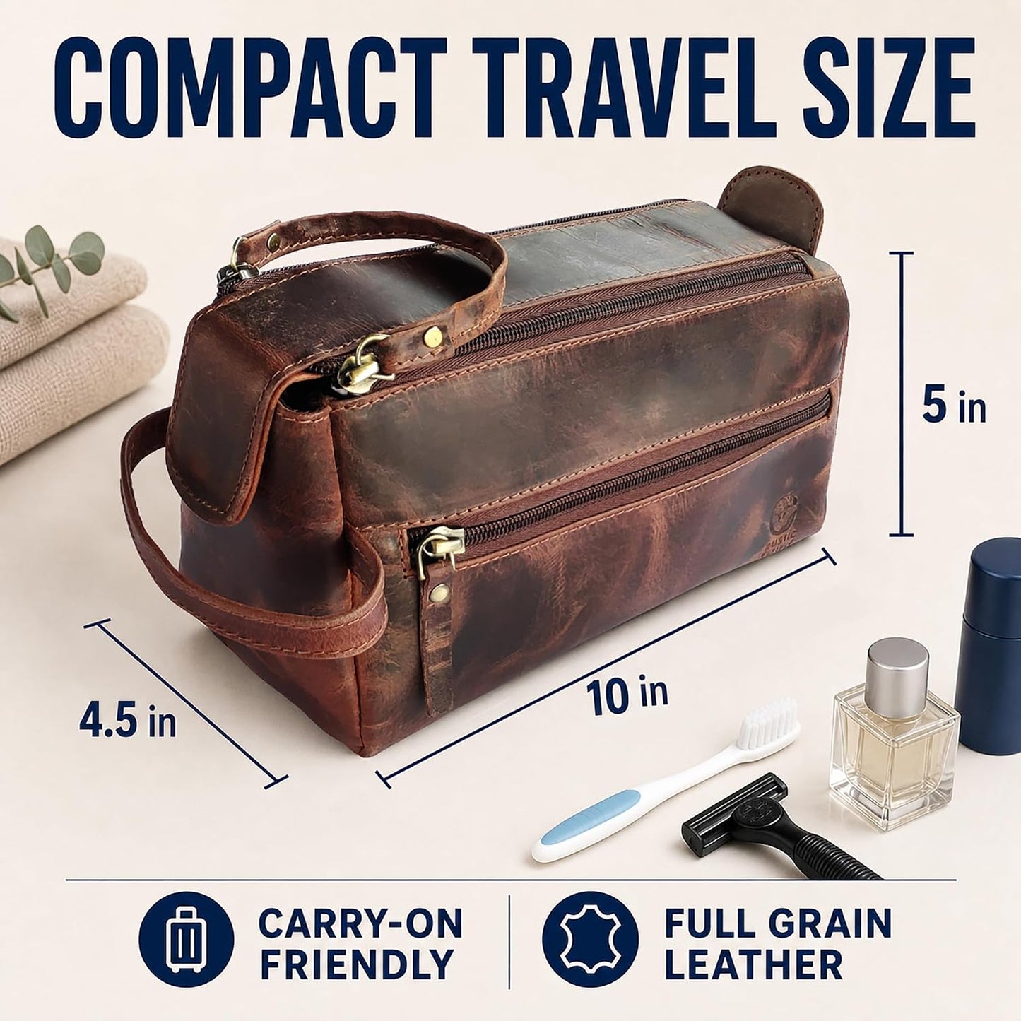 Leather Wash Bag for Men - Travel Toiletry Bag - Shaving Dopp Kit Toiletries Organizer - Leather Makeup Bag for Women | Main Compartment, Interior & Exterior Zip Pockets, YKK Zippers, Waterproof Lining; TSA Carry-On; Gifts for Him, Brown
