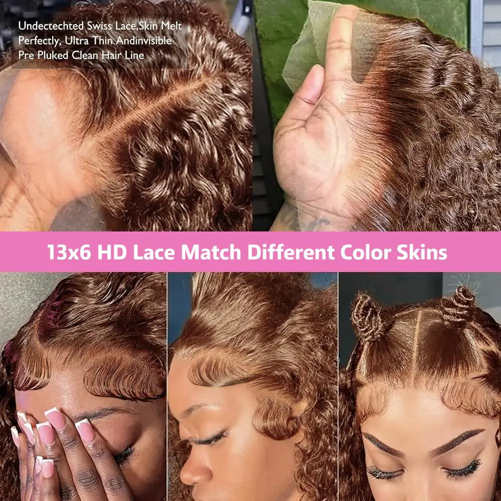 Chocolate Brown 13X6 Lace Front Wigs Human Hair Deep Wave Wig, 180 Density HD Transparent Lace Frontal Deep Wave Wigs for Women, Pre Plucked with Baby Hair, Curly Wig Brown Color