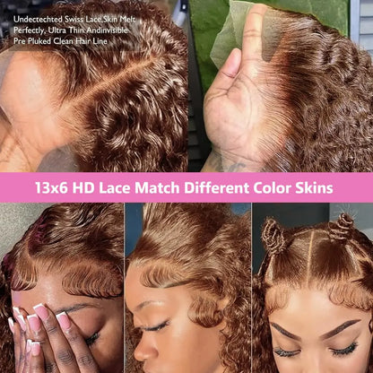 Chocolate Brown 13X6 Lace Front Wigs Human Hair Deep Wave Wig, 180 Density HD Transparent Lace Frontal Deep Wave Wigs for Women, Pre Plucked with Baby Hair, Curly Wig Brown Color