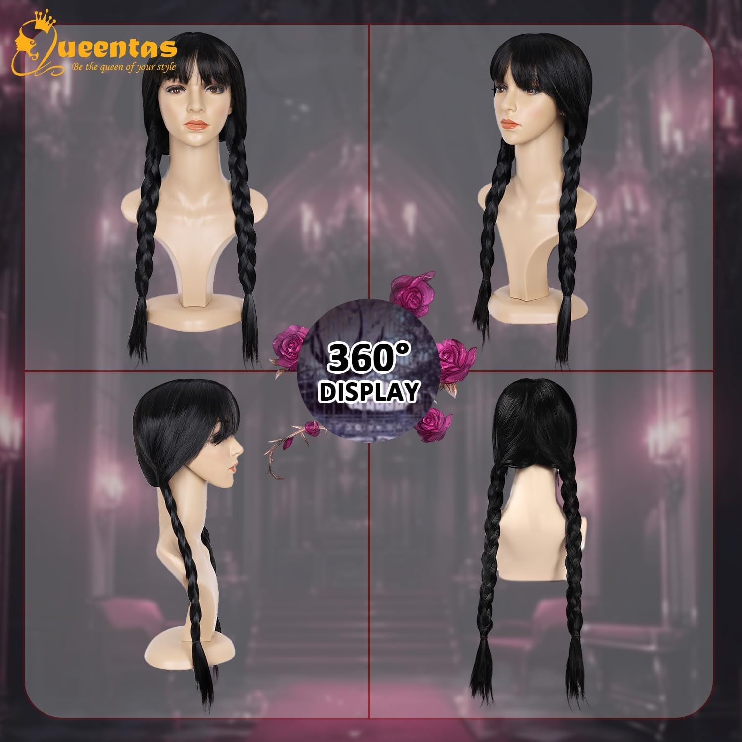 19Inch Long Braided Wigs for Women Black Long Straight Hair Costume Wigs for Halloween Party Cosplay