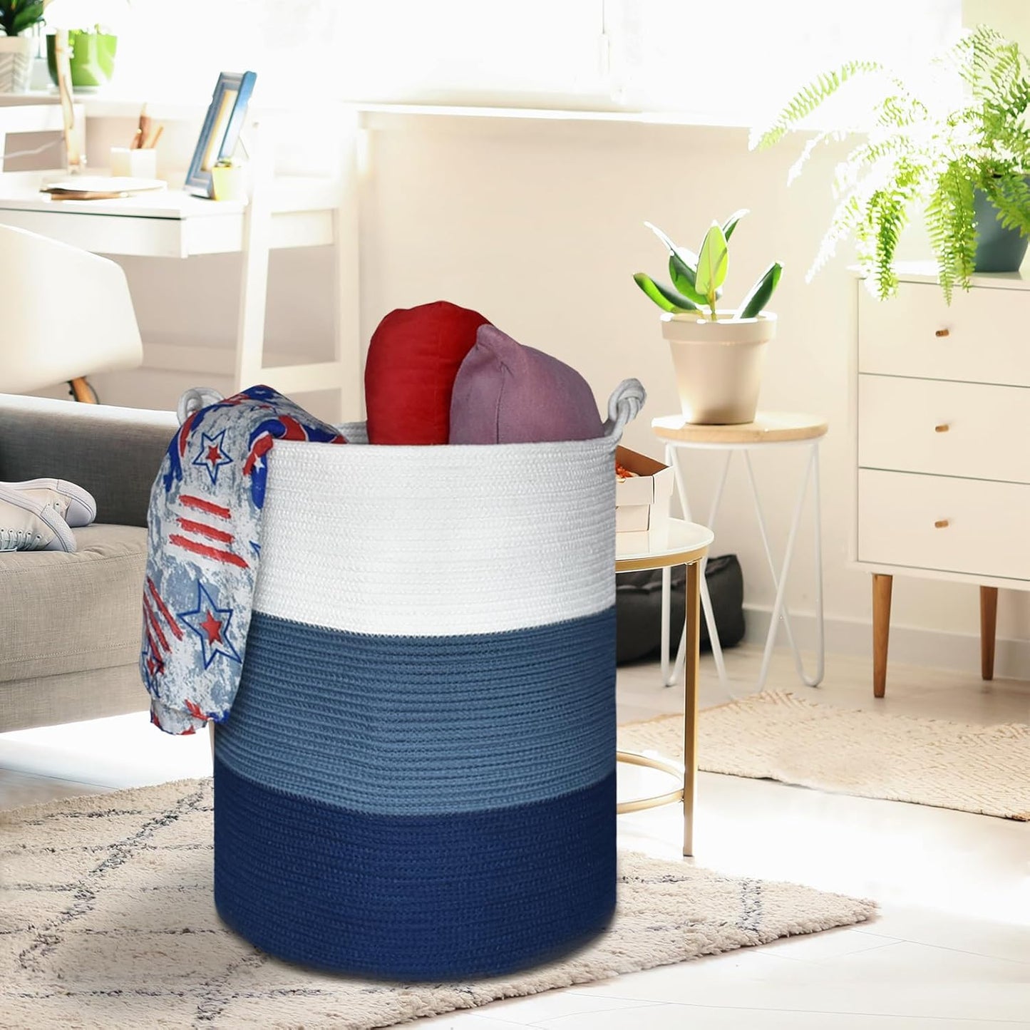 Tall Woven Blanket Basket, Laundry Hamper 72L, White & Blue | Cotton Rope, 40 X 55 Cm, Large Nursery Hamper for Storage of Toys Clothes Towels, Great for Living Rooms Bedrooms Bathrooms
