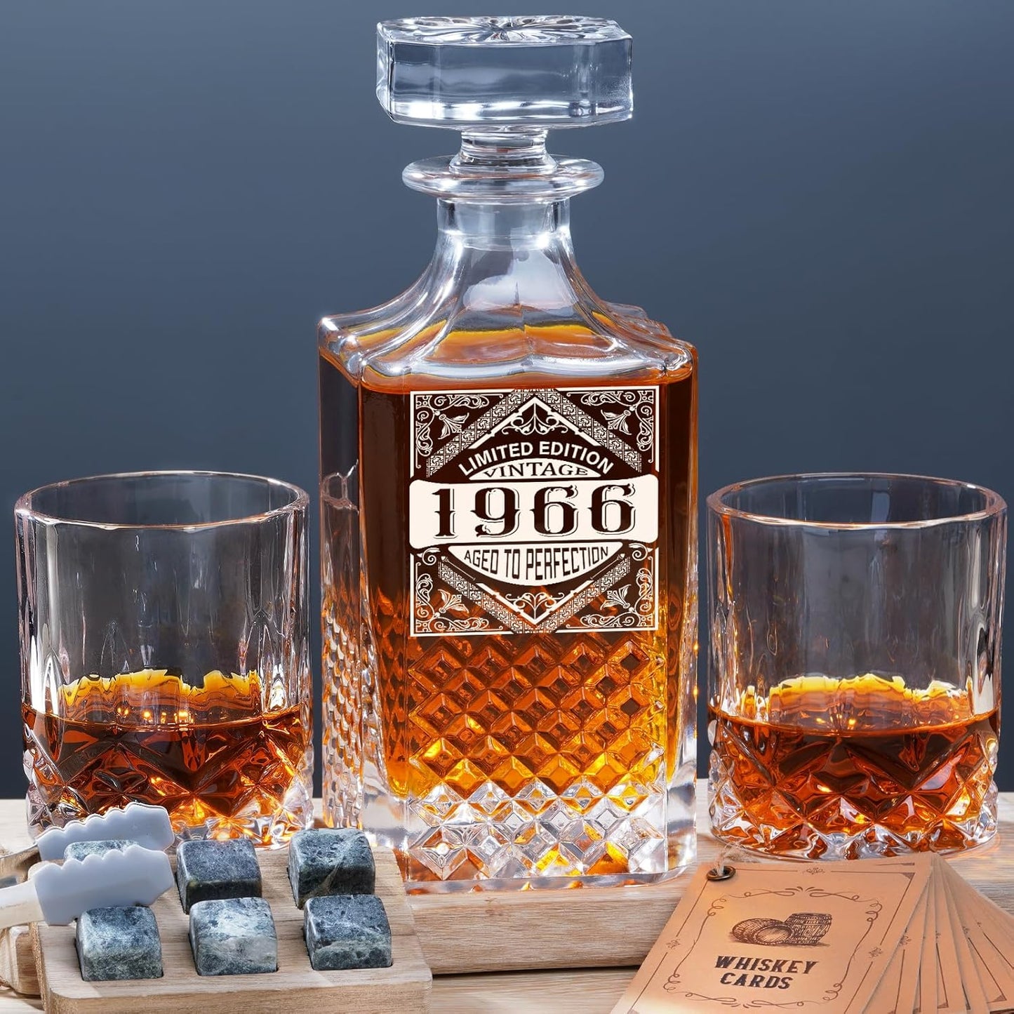 1966 60Th Birthday Gifts for Men Dad, 1966 Laser Whiskey Decanter Set with Gift Box, Anniversary Bday Gift Ideas for Him Husband, 60 Years Decorations, Whiskey Glasses & Whisky Stones Inc.